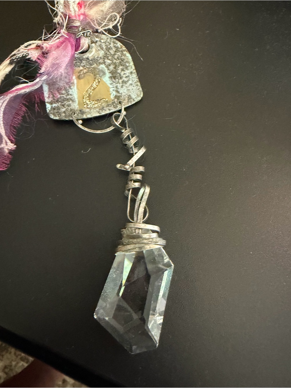 Up Cycled Silver Chain Pendant Necklace with Pink Accents- with crystal prism - Picture 4 of 4